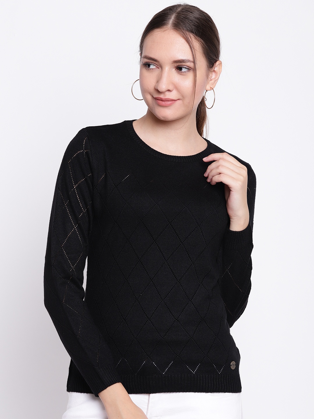

Cayman Women Black Self Design Open-Knit Pullover