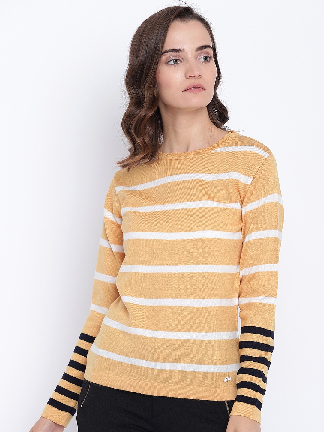 

Cayman Women Mustard Yellow & White Striped Woollen Pullover