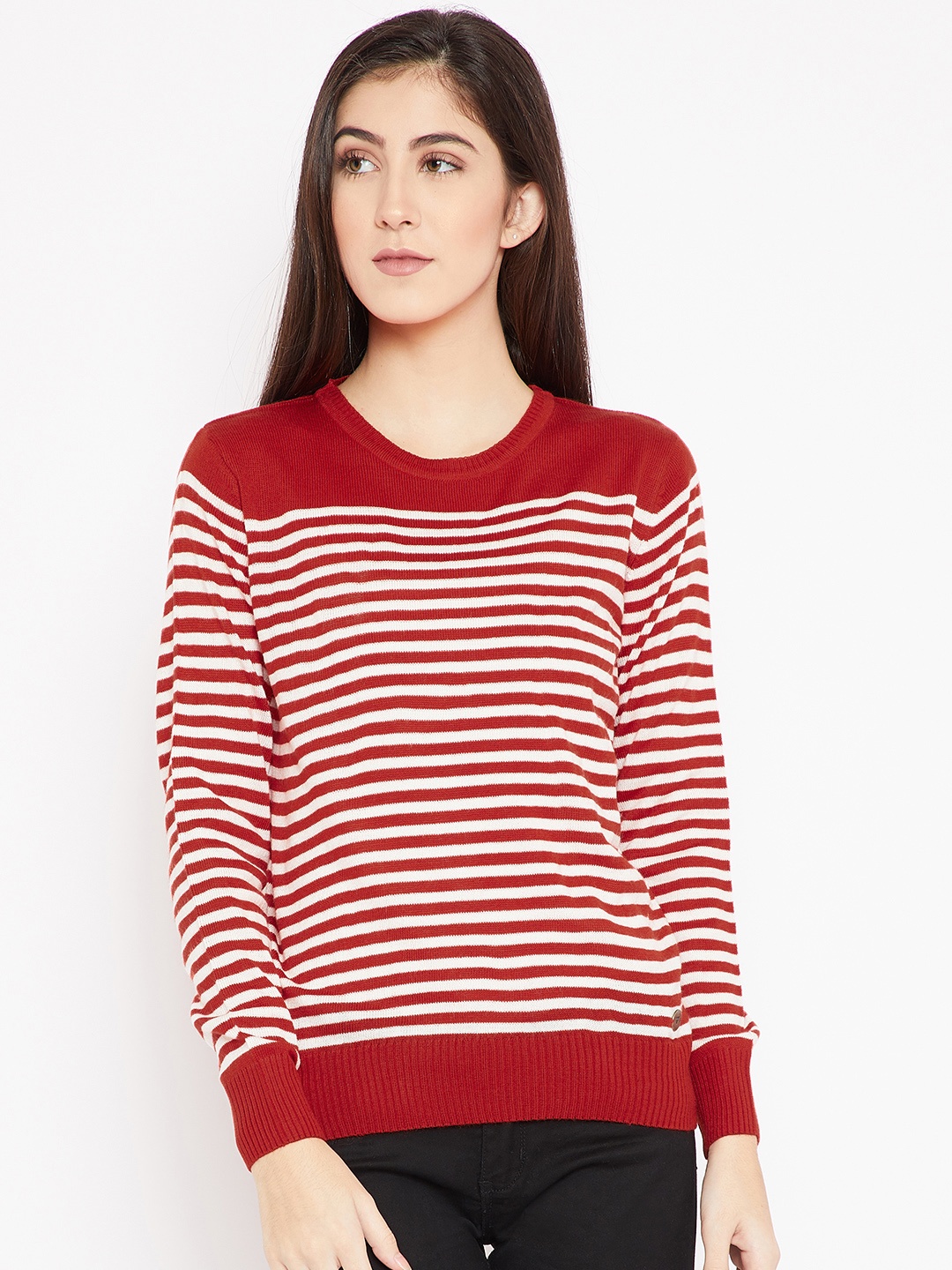 

Cayman Women Rust Red & White Striped Woollen Pullover