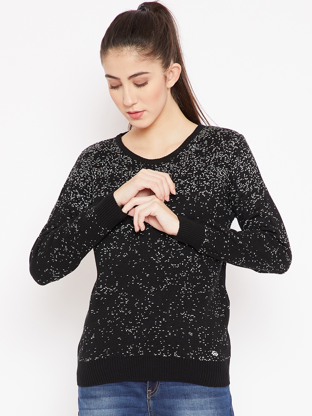 

Cayman Women Black & White Self-Design Woollen Pullover