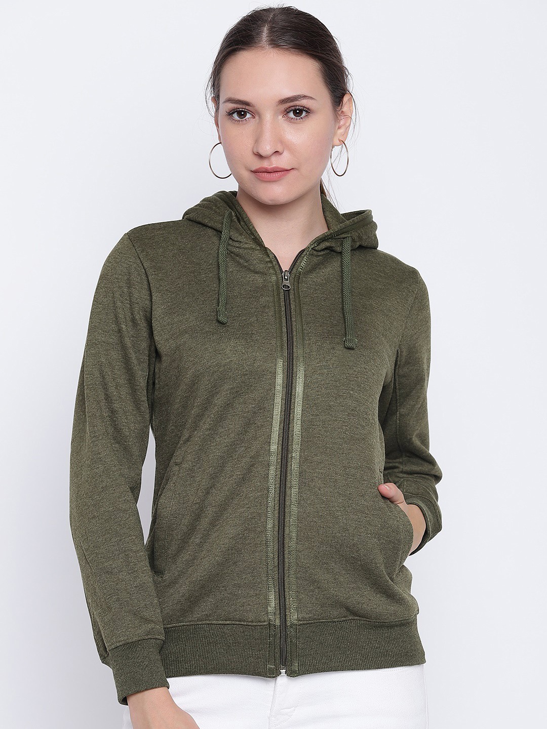 

Cayman Women Olive Green Solid Hooded Sweatshirt