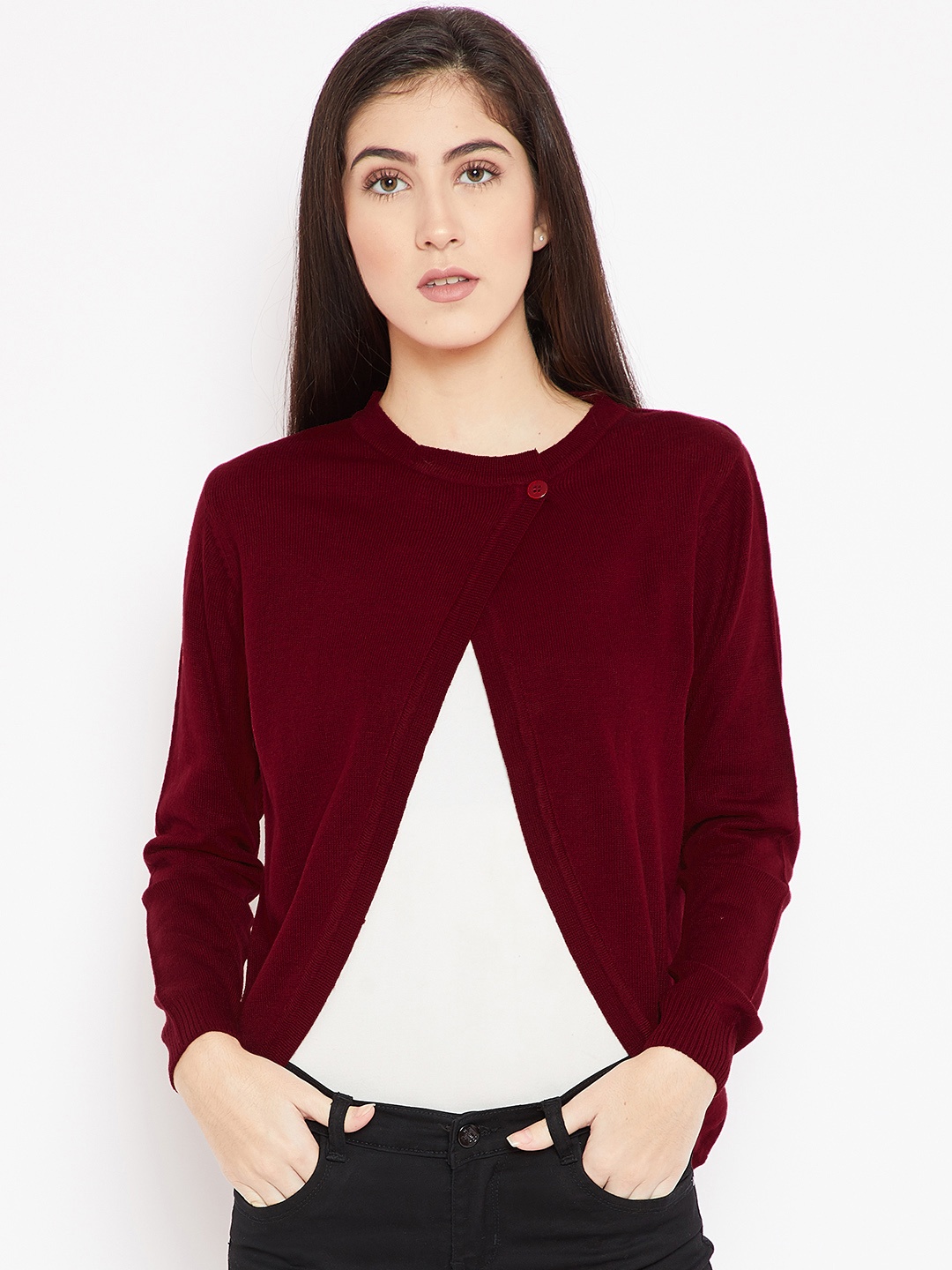 

Cayman Women Maroon Solid Woollen Cardigan