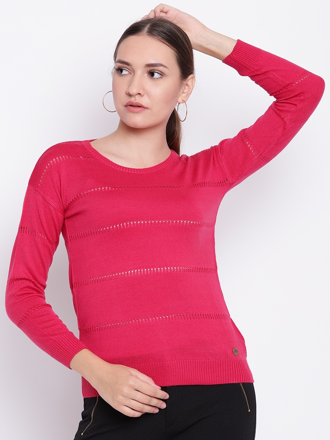 

Cayman Women Pink Open-Knit Striped Pullover