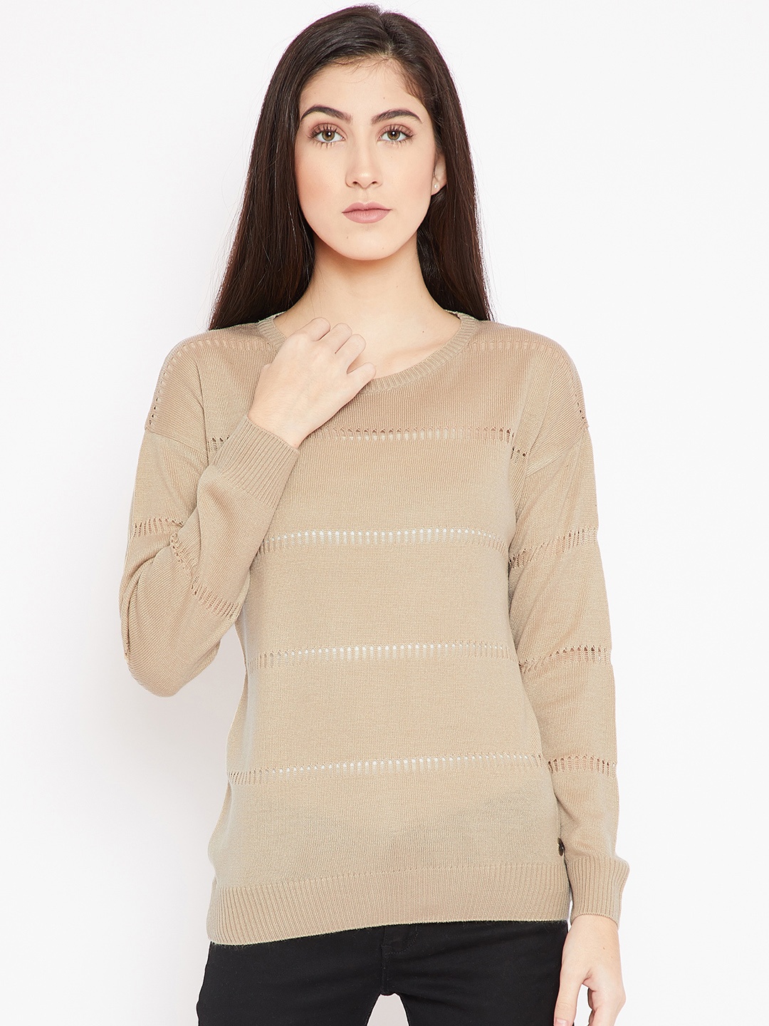 

Cayman Women Beige Self-Striped Woollen Pullover