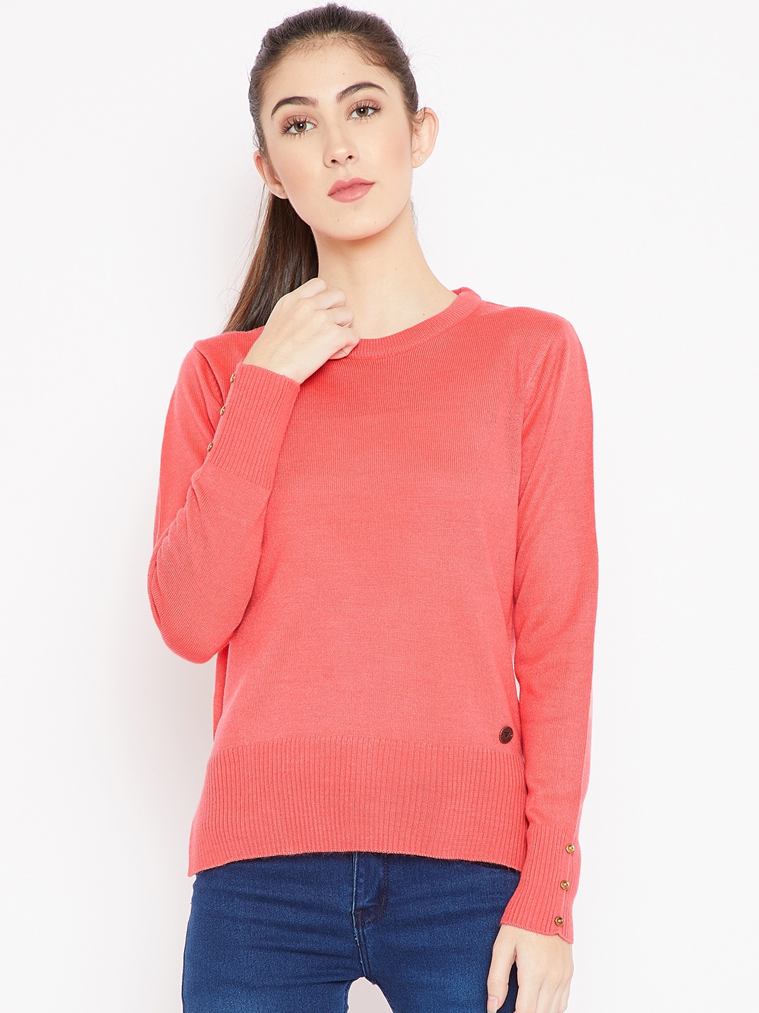 

Cayman Women Coral Pink Solid Woollen Pullover