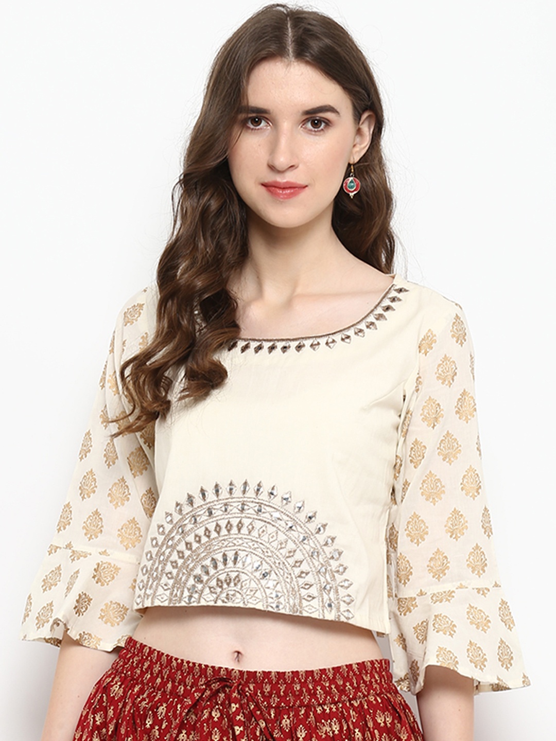 

Ivory Gold Print Embroidered Crop Pure Cotton Top, Off white