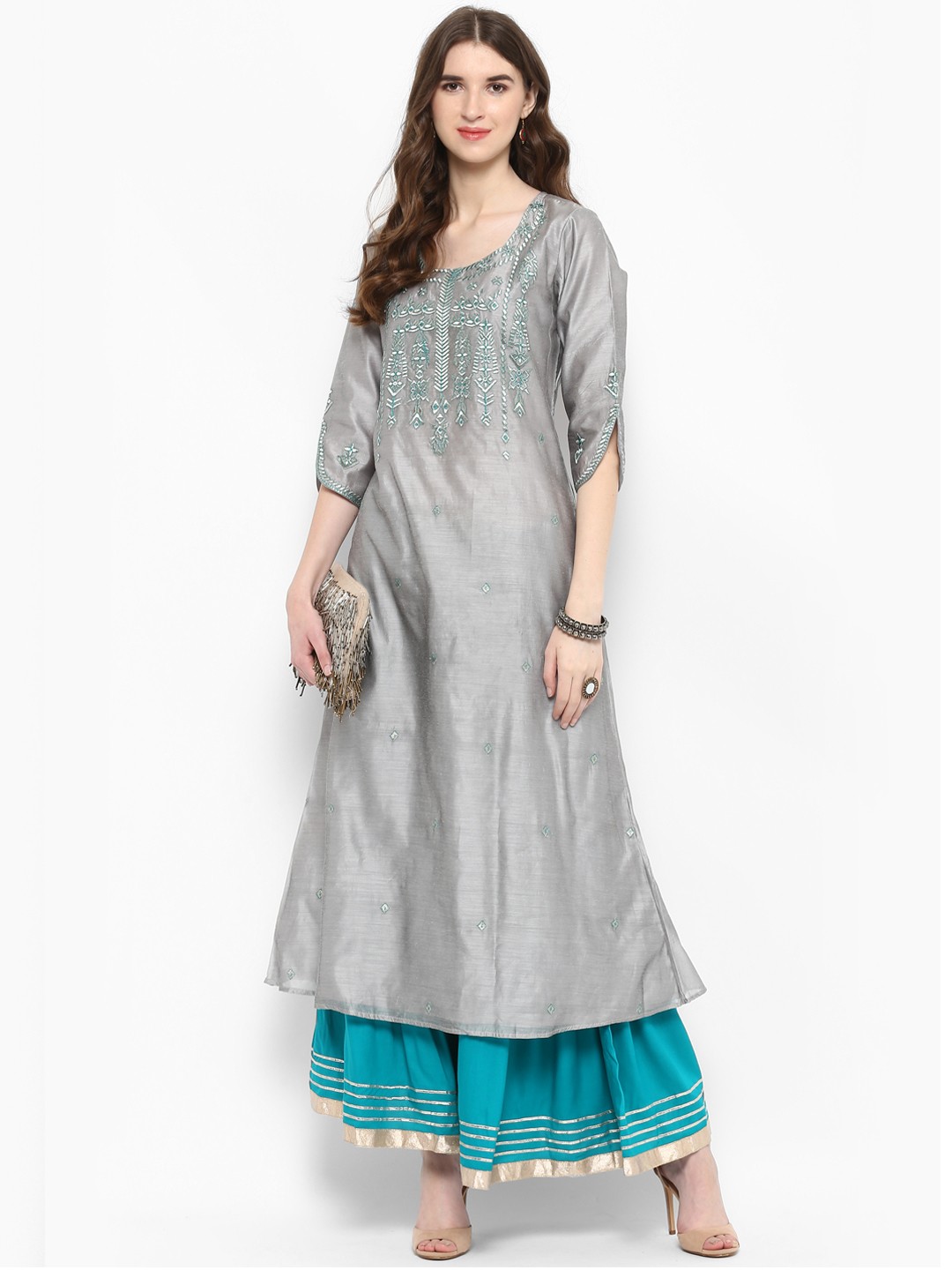 

Varanga Women Grey & Blue Printed Kurta with Palazzos