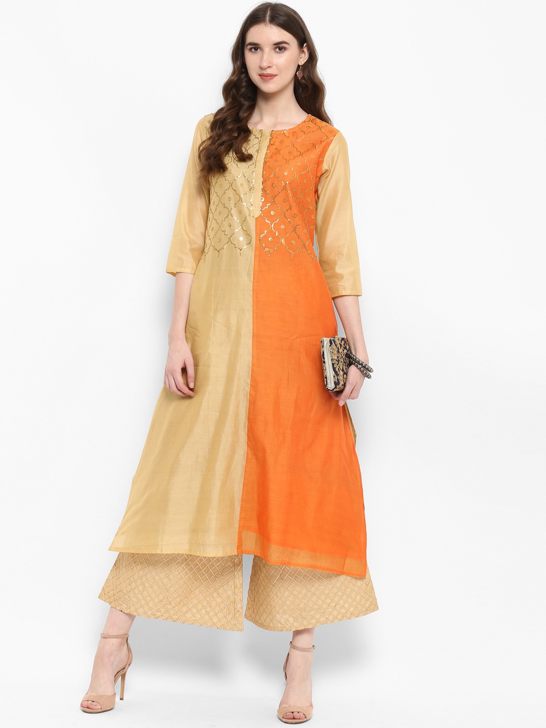 

Varanga Beige Embroidered A Line Chanderi Kurta With Gold Gota Border Palazzo.