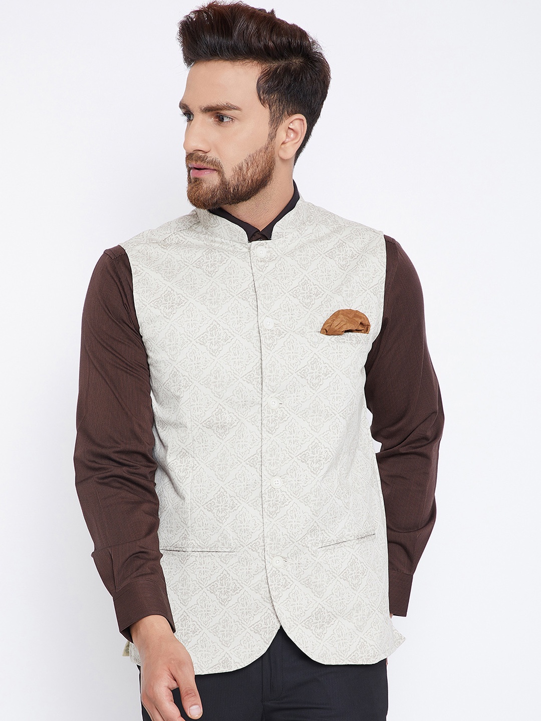 

even Men Off White Printed Nehru Jacket