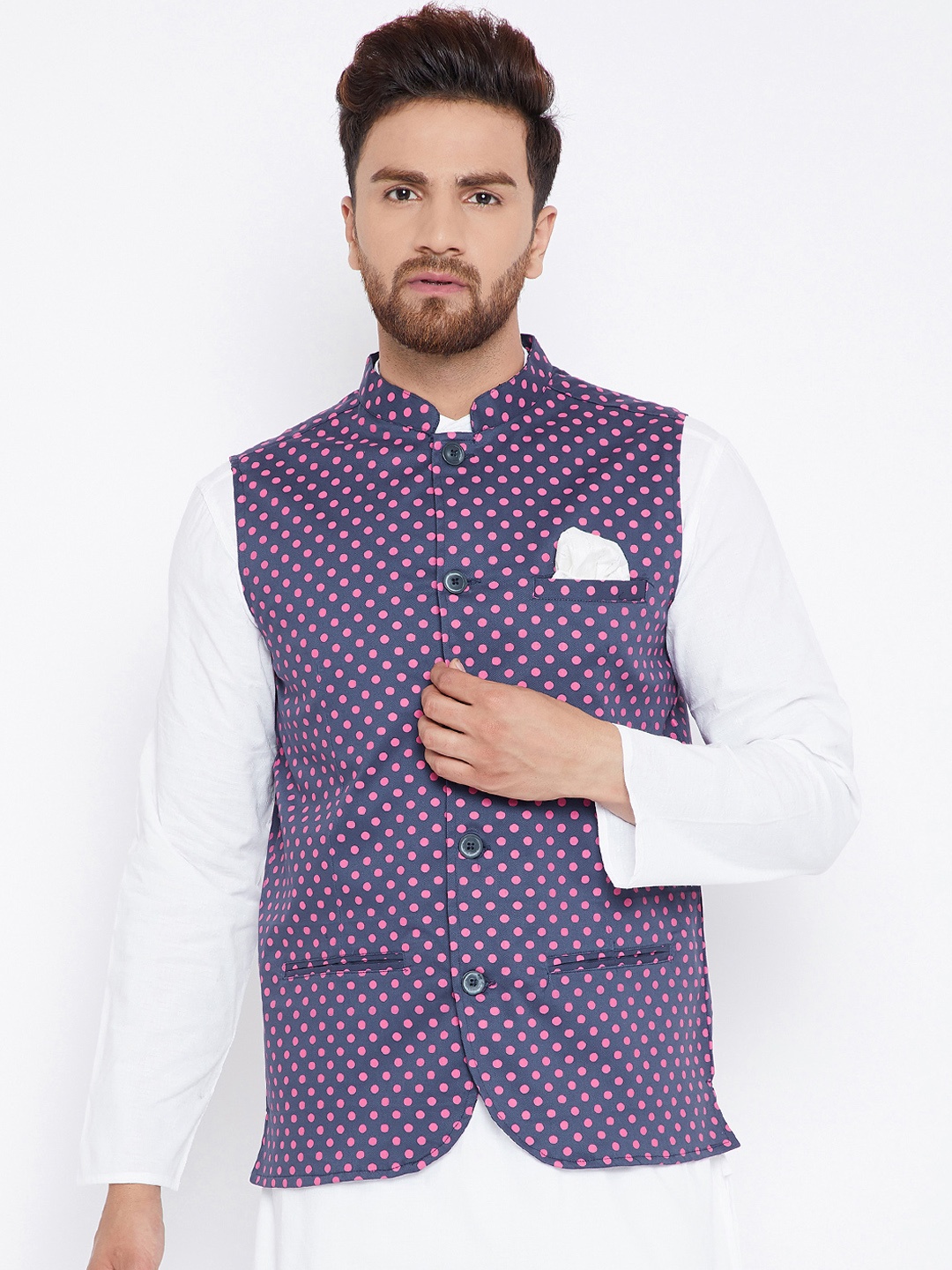 

even Men Blue & Pink Printed Nehru Jacket