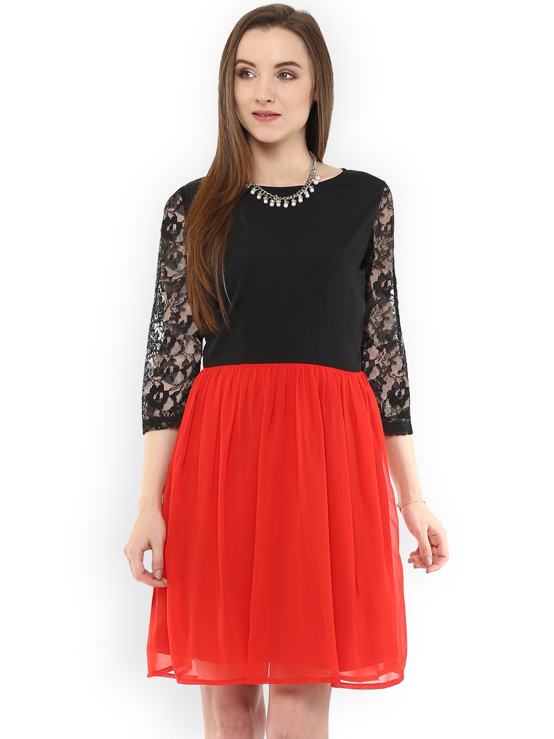 

Zima Leto Women Red & Black Solid Fit and Flare Dress