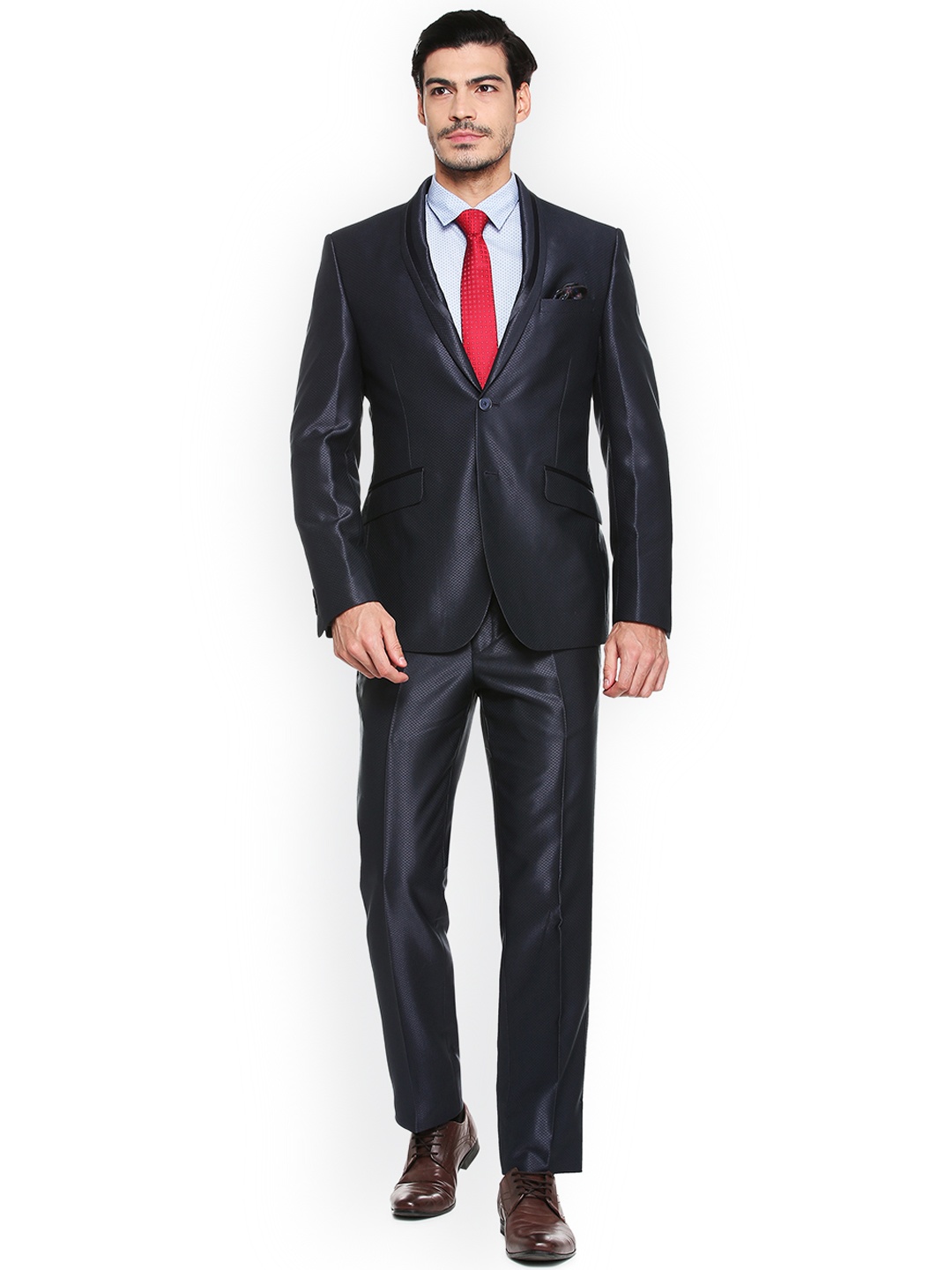 

V Dot Men Navy Blue Self Design Slim Fit Three-Piece Party Suit