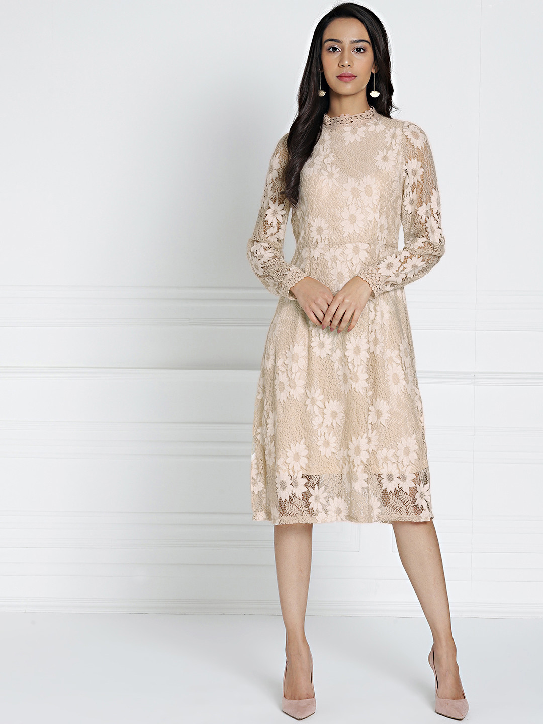

all about you Women Cream-Coloured Self Design A-Line Lace Dress