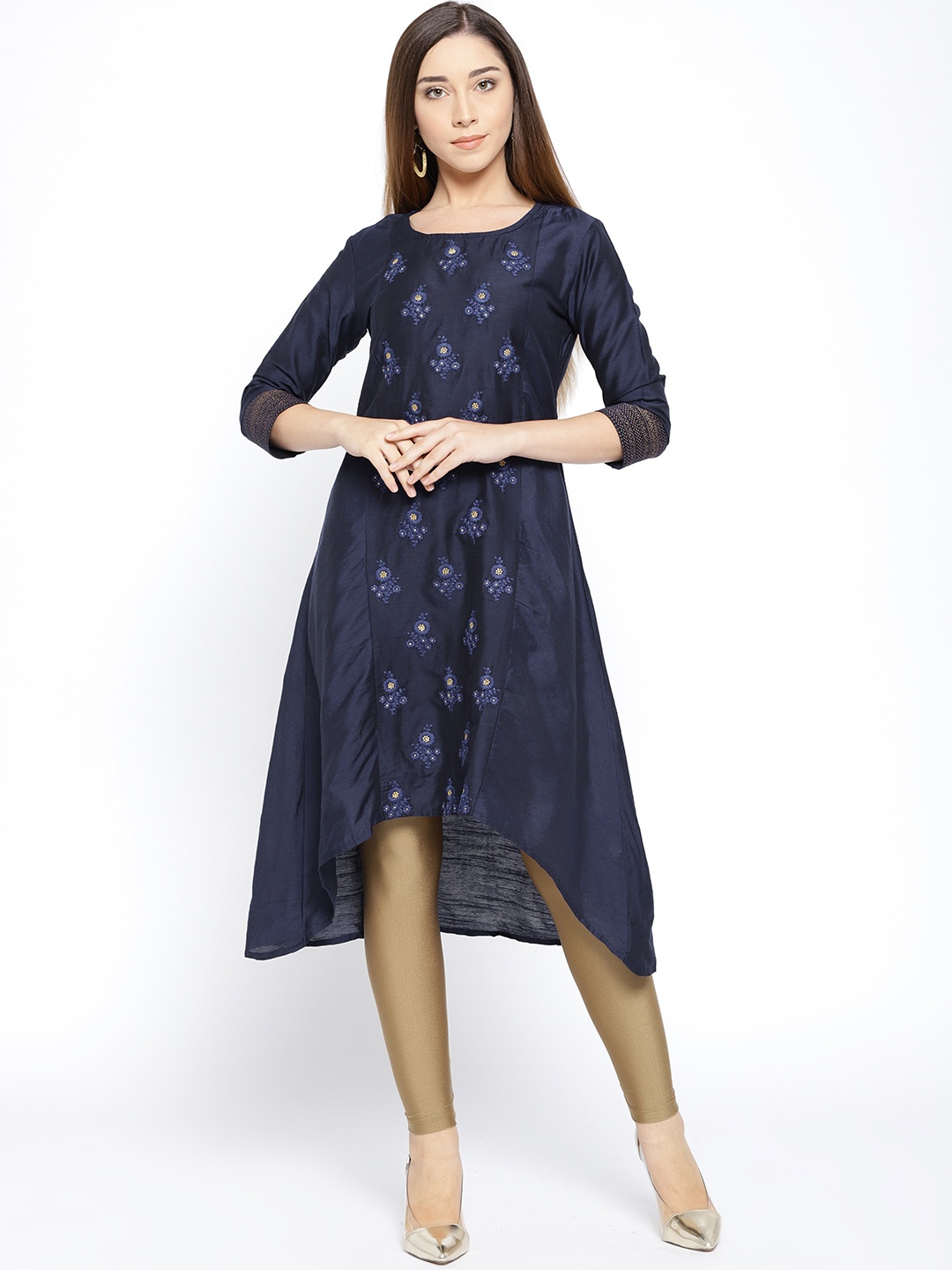 

Span Women Navy Blue Embroidered A-Line Kurta