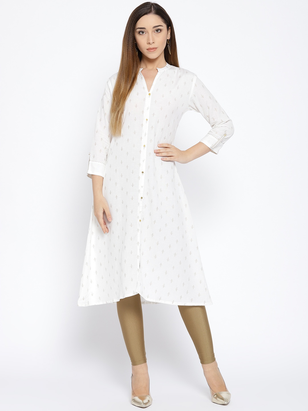 

Span Women White & Golden Printed A-Line Kurta