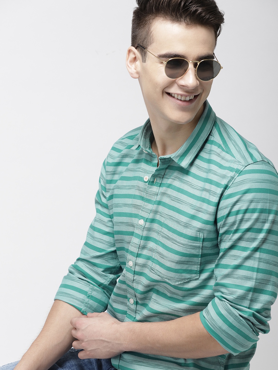 

Mast & Harbour Men Teal Green & Blue Slim Fit Striped Casual Sustainable Shirt