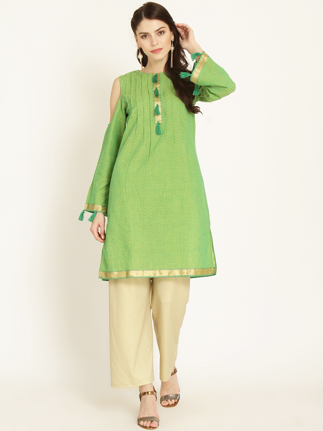 

RARE ROOTS Women Green Woven Design A-Line Cold-Shoulder Kurti