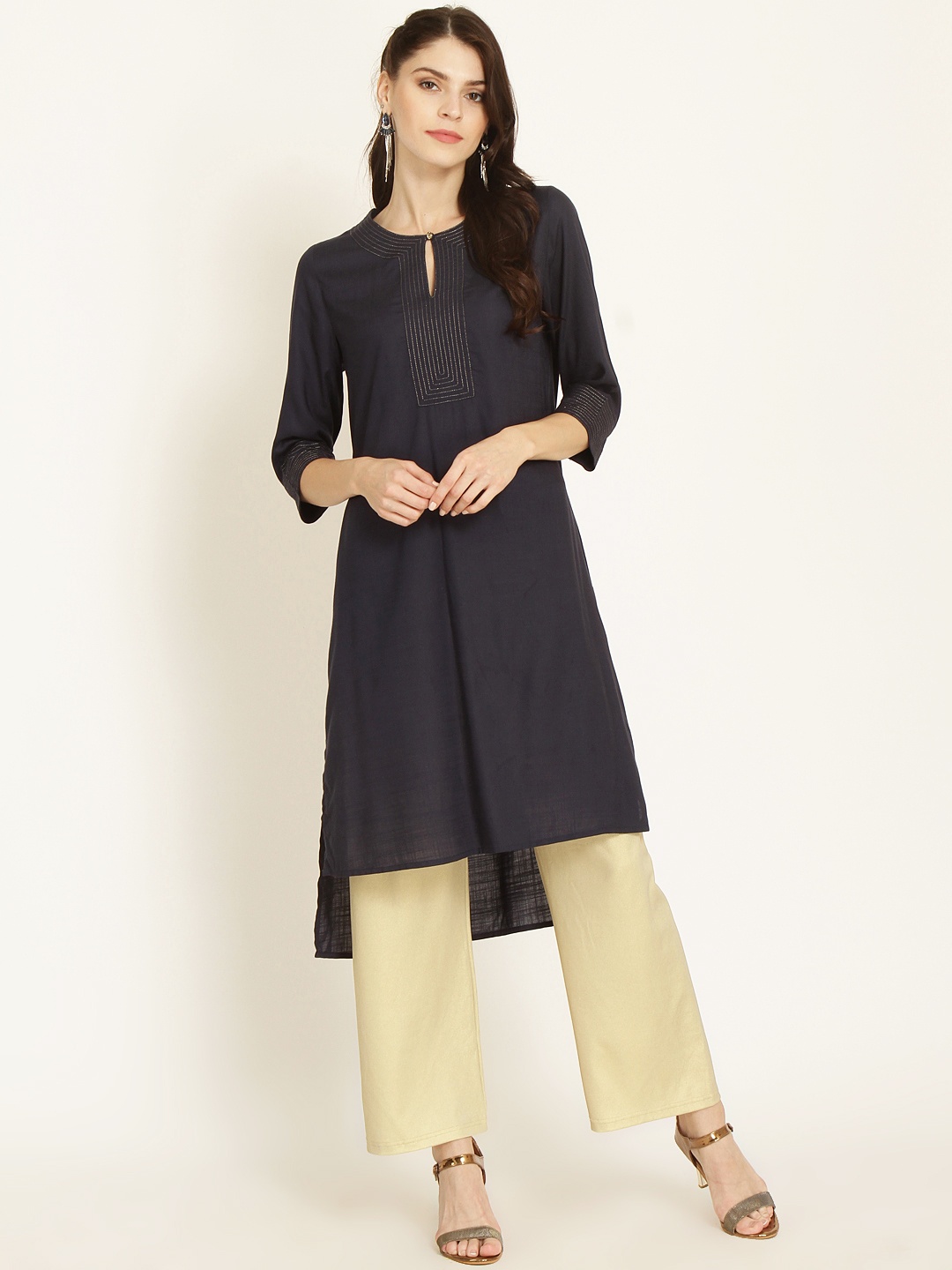 

RARE ROOTS Women Navy Blue Solid Straight Kurta