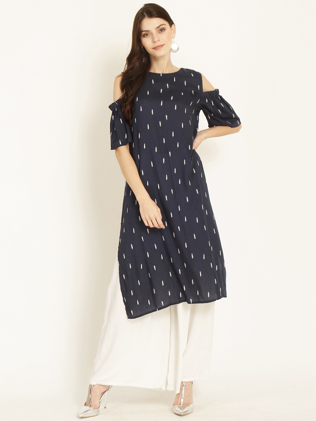 

RARE ROOTS Women Navy Blue & Off-White Printed Straight Kurta