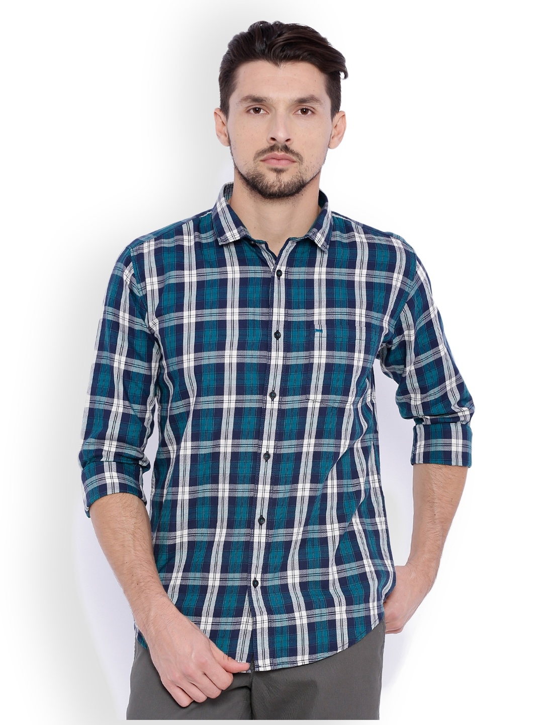 

Basics Men Blue & Green Slim Fit Checked Casual Shirt