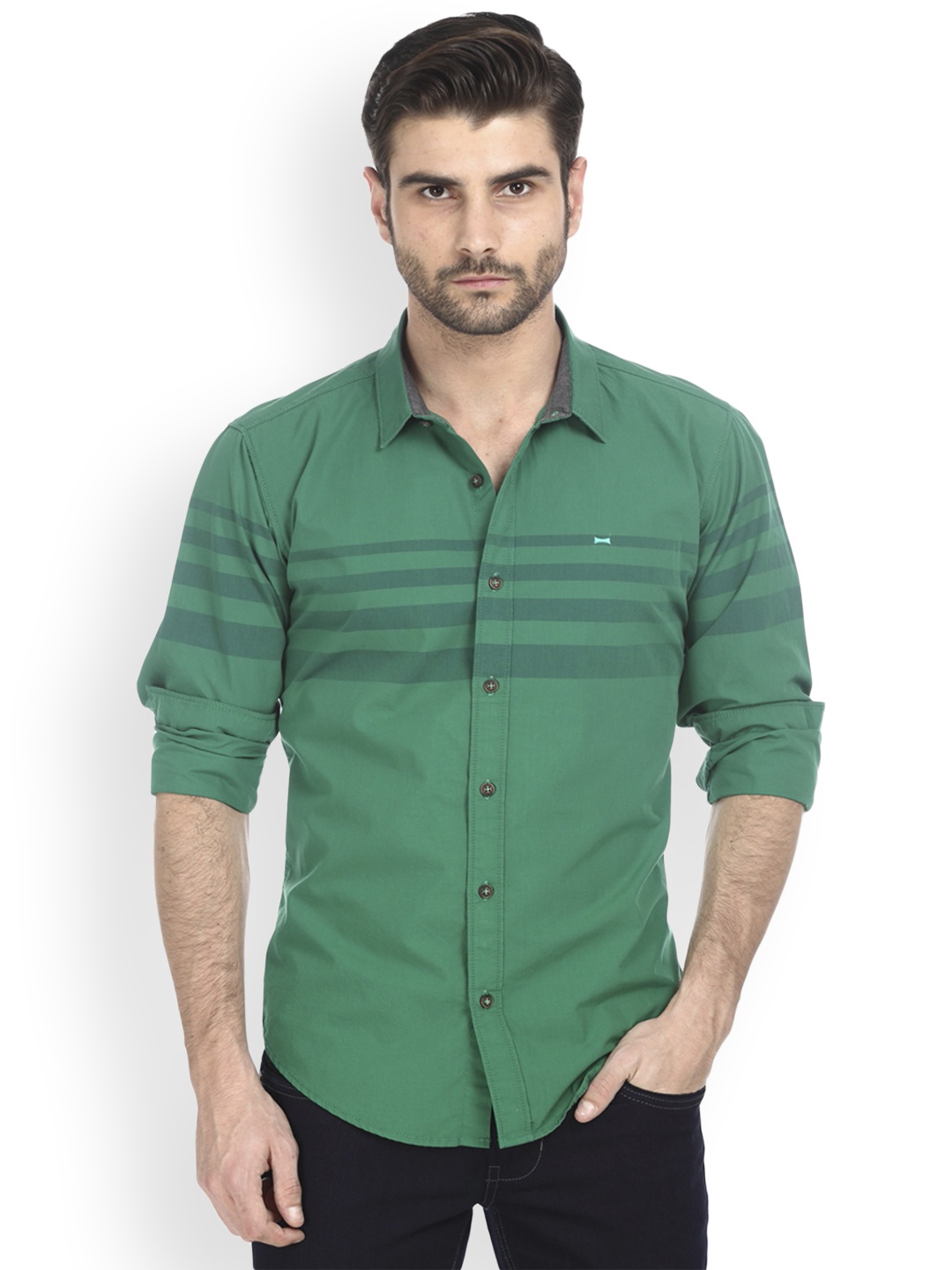 

Basics Men Green Slim Fit Striped Casual Shirt
