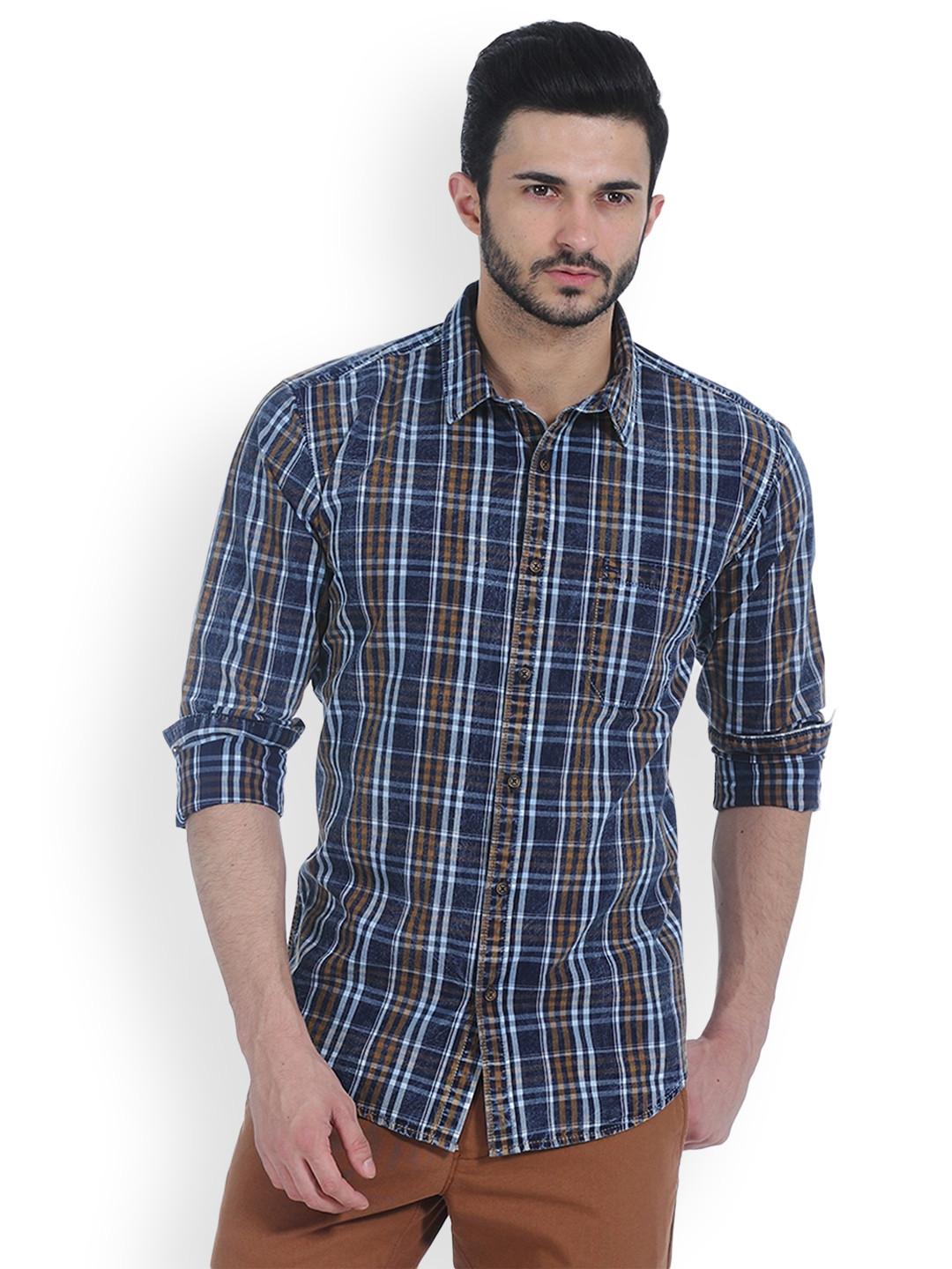 

Basics Men Navy Blue & Brown Slim Fit Checked Casual Shirt