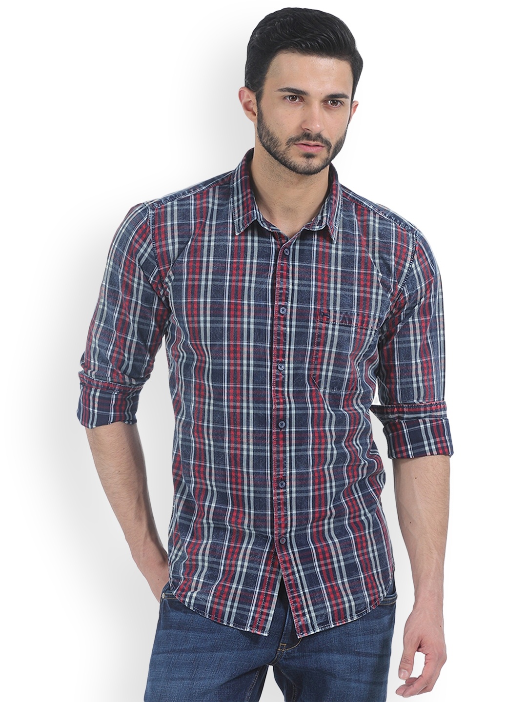

Basics Men Red & Blue Slim Fit Checked Casual Shirt