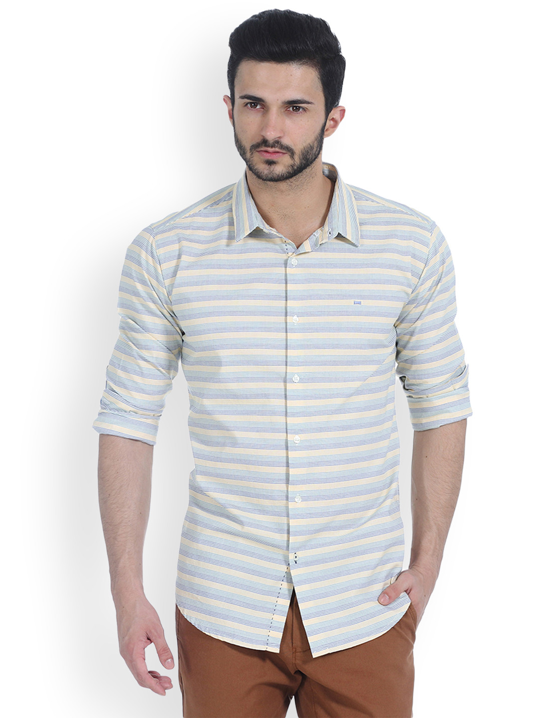 

Basics Men Yellow & Blue Slim Fit Striped Casual Shirt