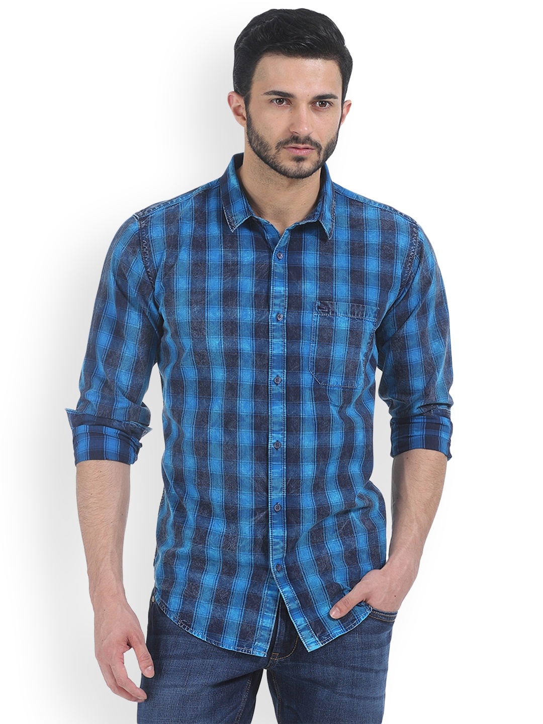 

Basics Men Blue Slim Fit Checked Casual Shirt