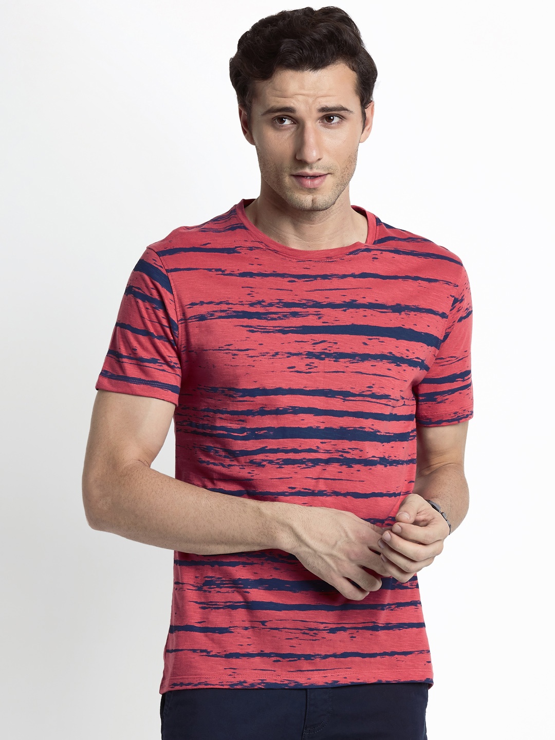 

Urban Ranger by pantaloons Men Coral Red Striped Round Neck T-shirt