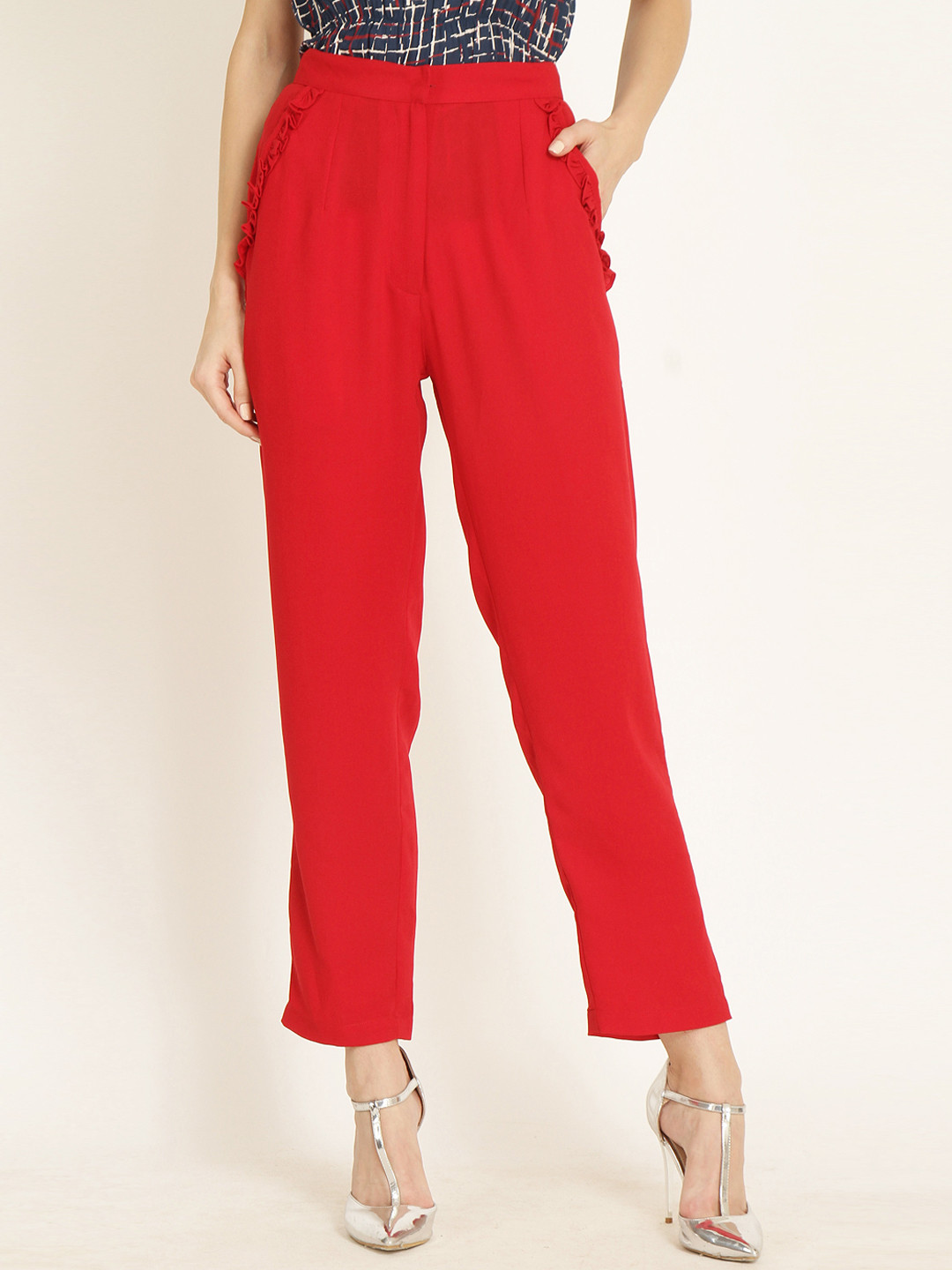 

Marie Claire Women Red Regular Fit Solid Regular Trousers