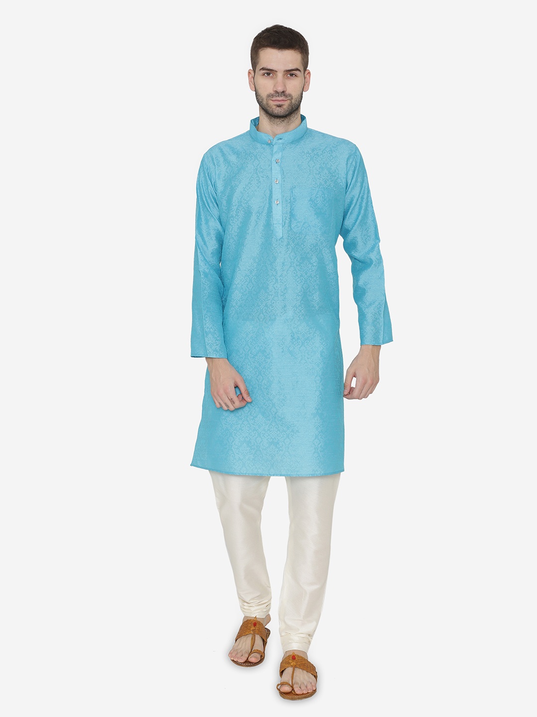 

Wintage Men Turquoise Blue Self Design Kurta with Churidar