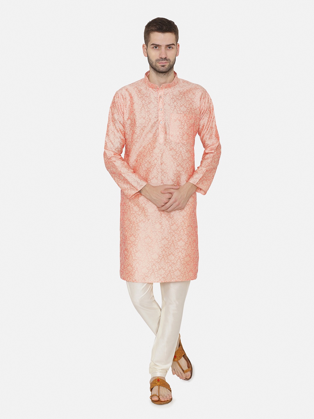 

Wintage Men Peach-Coloured & White Self Design Kurta with Pyjamas