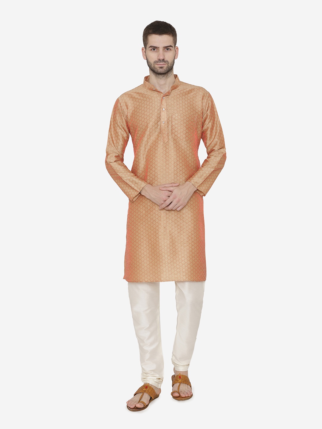 

Wintage Men Peach-Coloured & Beige Self Design Kurta with Churidar