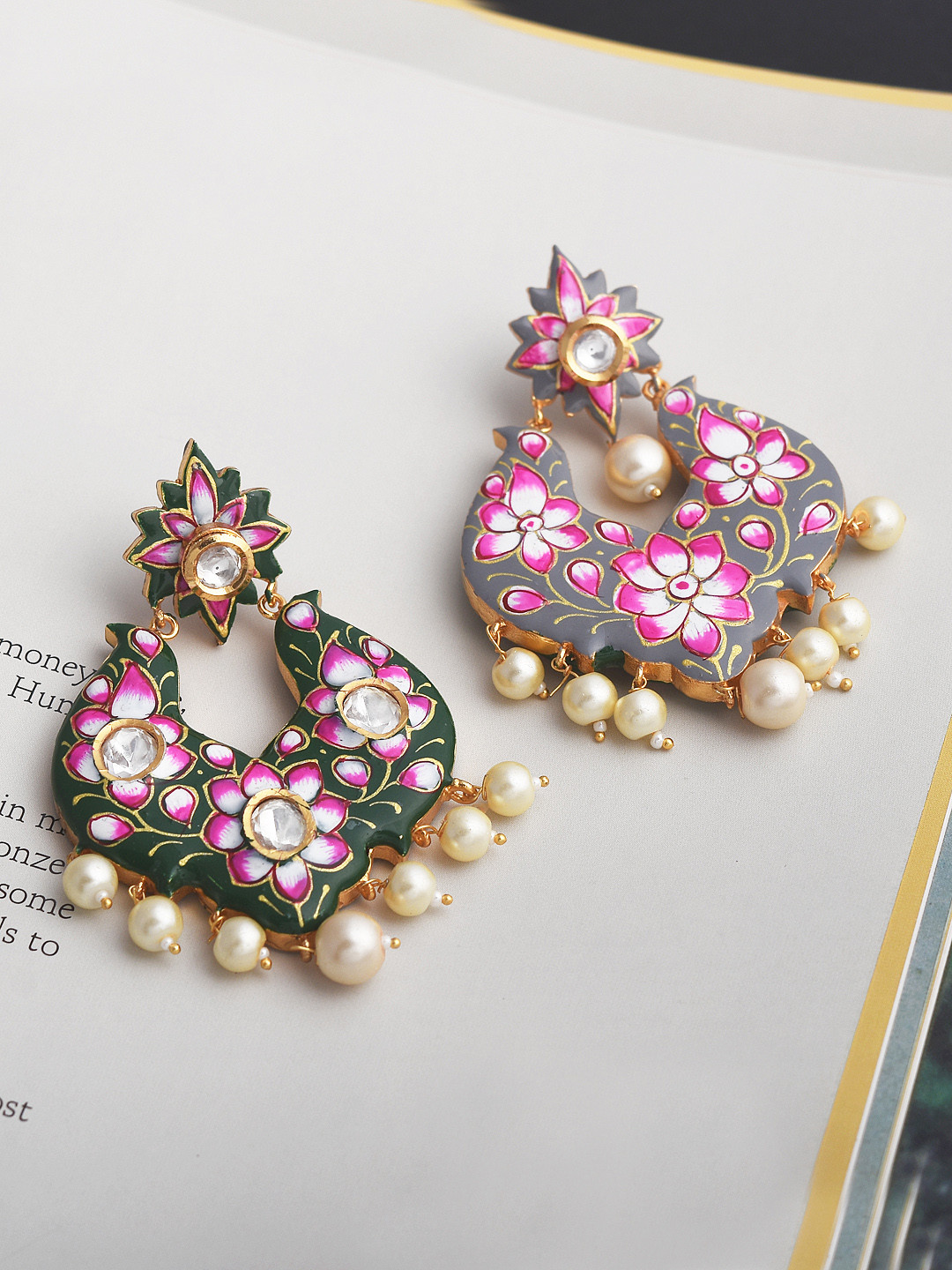 

Tistabene Green & Pink Floral Gold-Plated Meenakari Kundan Reversible Drop Earrings