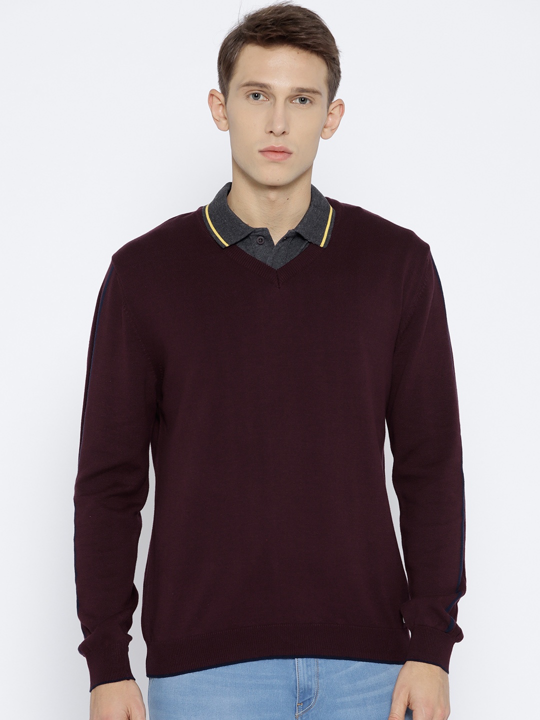 

John Players Men Burgundy Solid Sweater