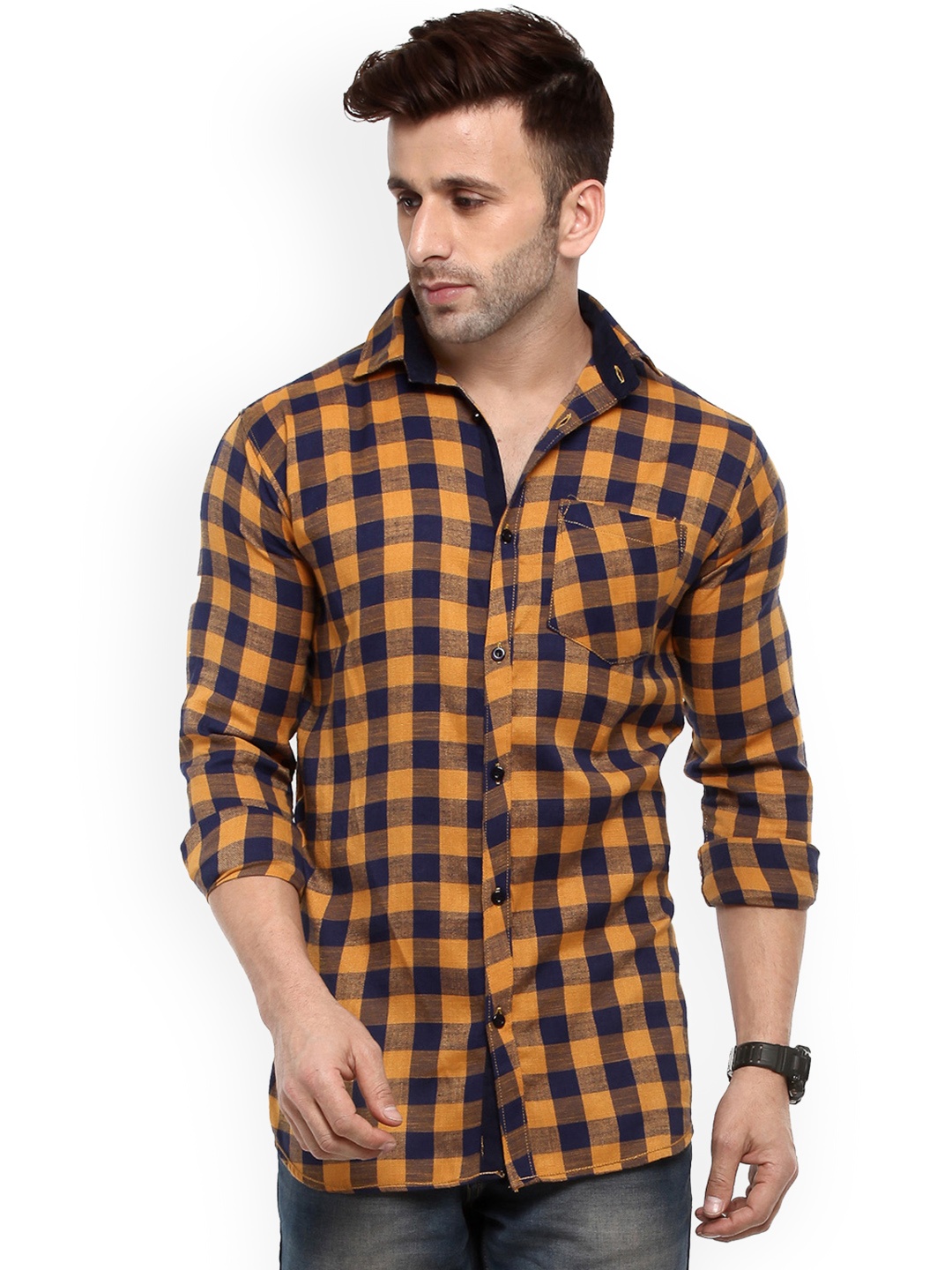 

Hangup Men Mustard-Coloured & Navy Blue Slim Fit Checked Casual Shirt