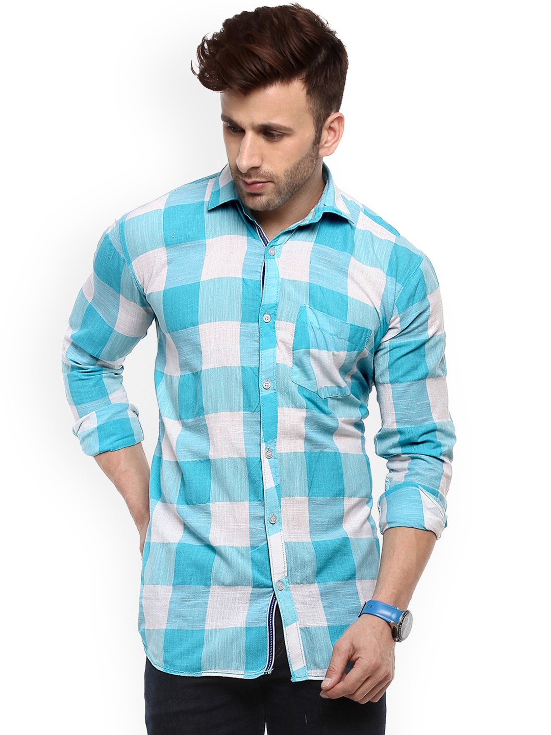 Hangup Men Turquoise Blue & White Slim Fit Checked Casual Shirt