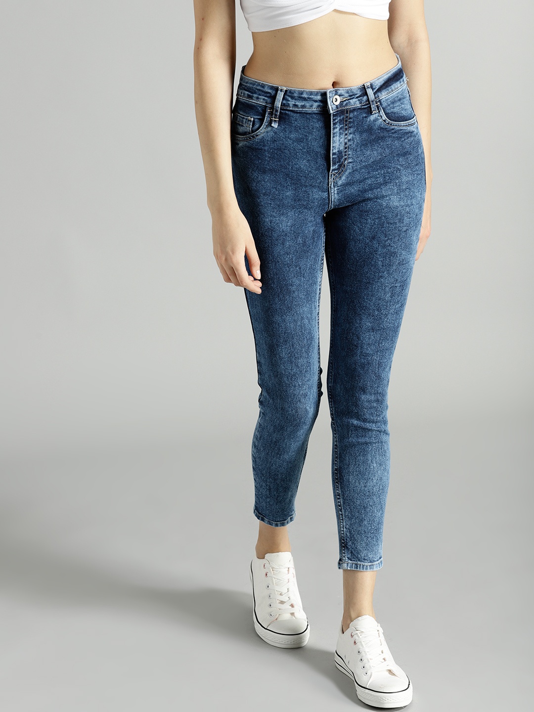 

Roadster Blue Skinny High-Rise Acid Wash Stretchable Cropped Jeans