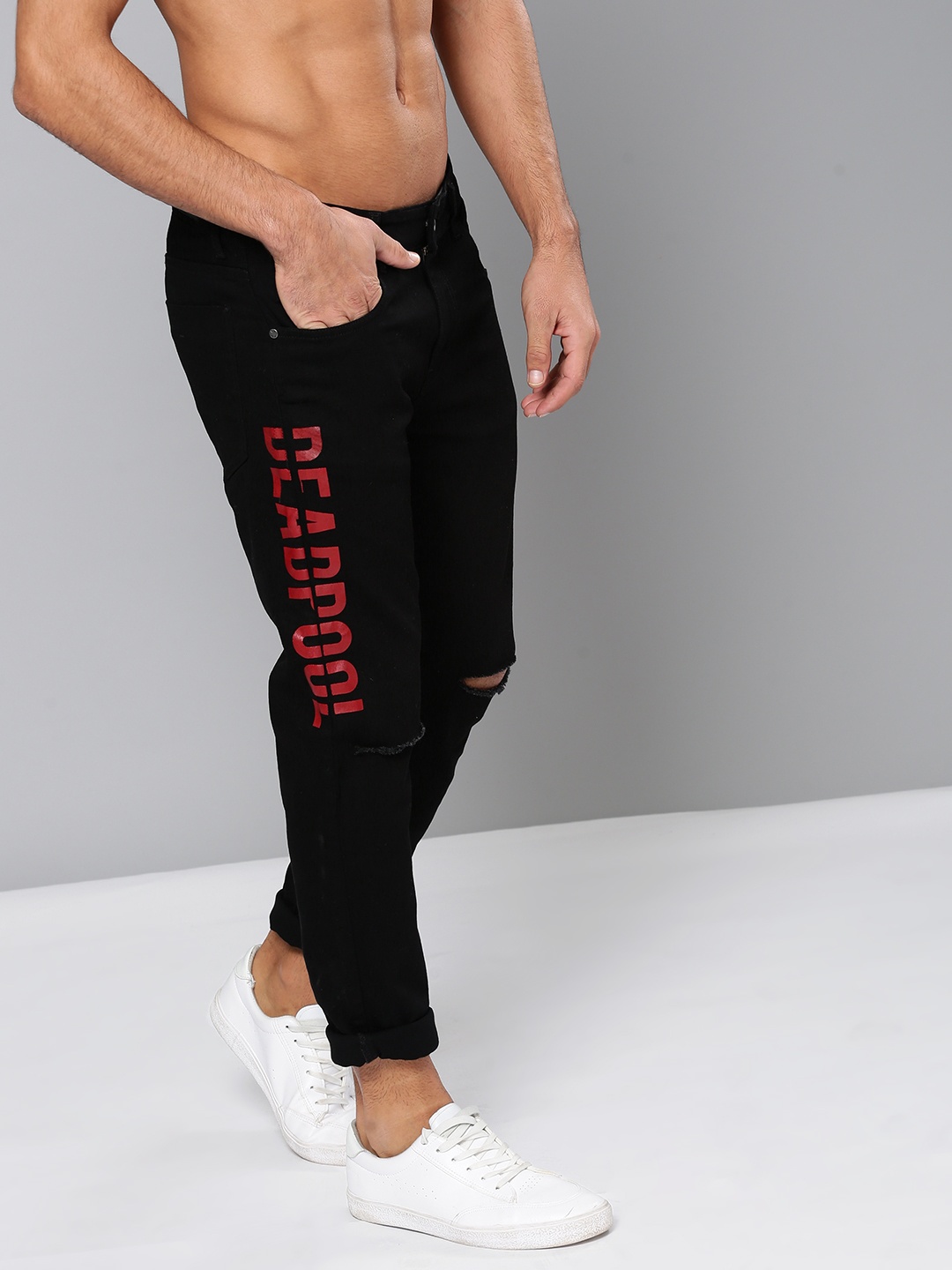 

Kook N Keech Marvel Men Black & Red Skinny Fit Mid-Rise Slash Knee Jeans