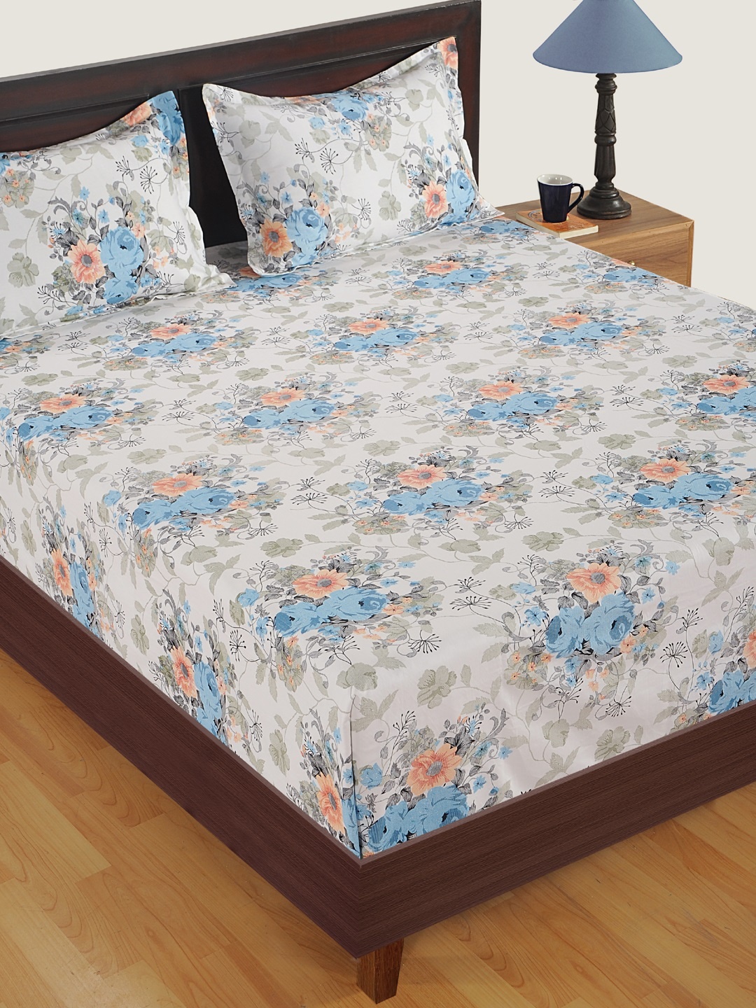 

SWAYAM Off-White & Blue Floral Flat 250 TC Cotton 1 Double Bedsheet 2 Pillow Covers
