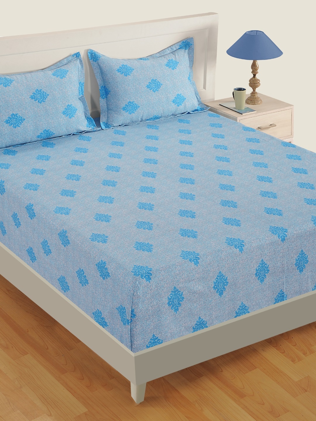 

SWAYAM Blue Ethnic Motifs Fitted 180 TC Cotton 1 King Bedsheet with 2 Pillow Covers