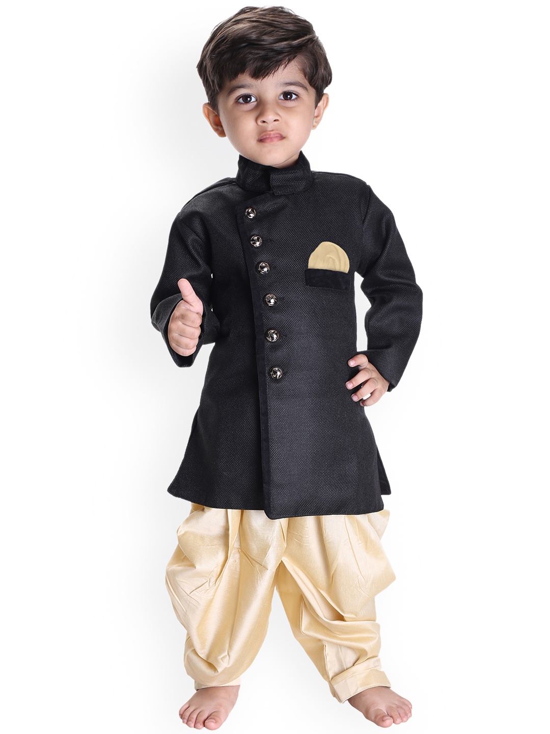 

VASTRAMAY Boys Black & Gold-Coloured Banarasi Silk Cotton Sherwani Set