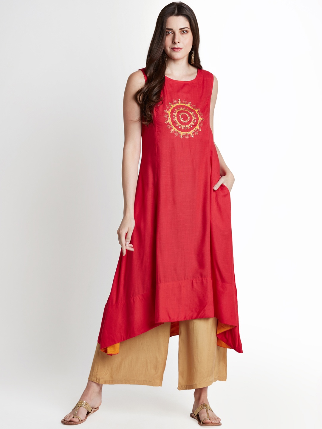 

RANGMANCH BY PANTALOONS Women Red Embellished A-Line Kurta