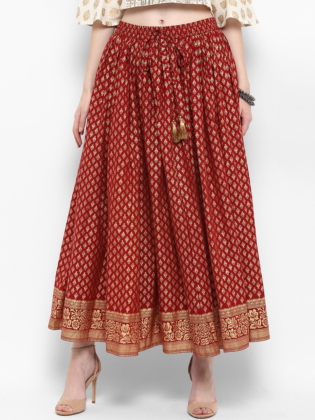 

Varanga Women Maroon Printed Flared Maxi Pure Cotton Skirt