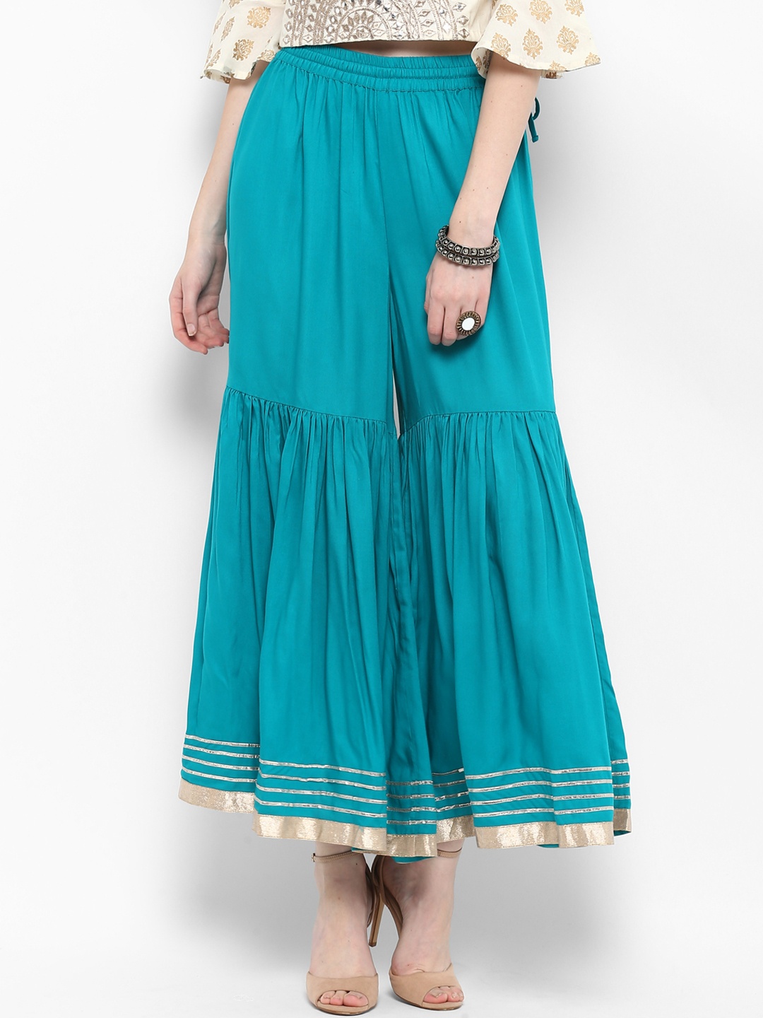 

Varanga Teal Solid Palazzo With Gota Border