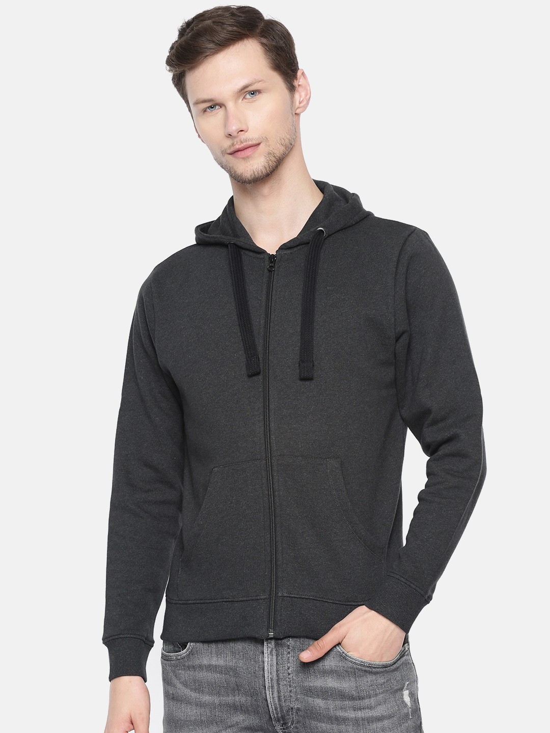 

Wrangler Men Charcoal Grey Solid Front-Open Hooded Sweatshirt