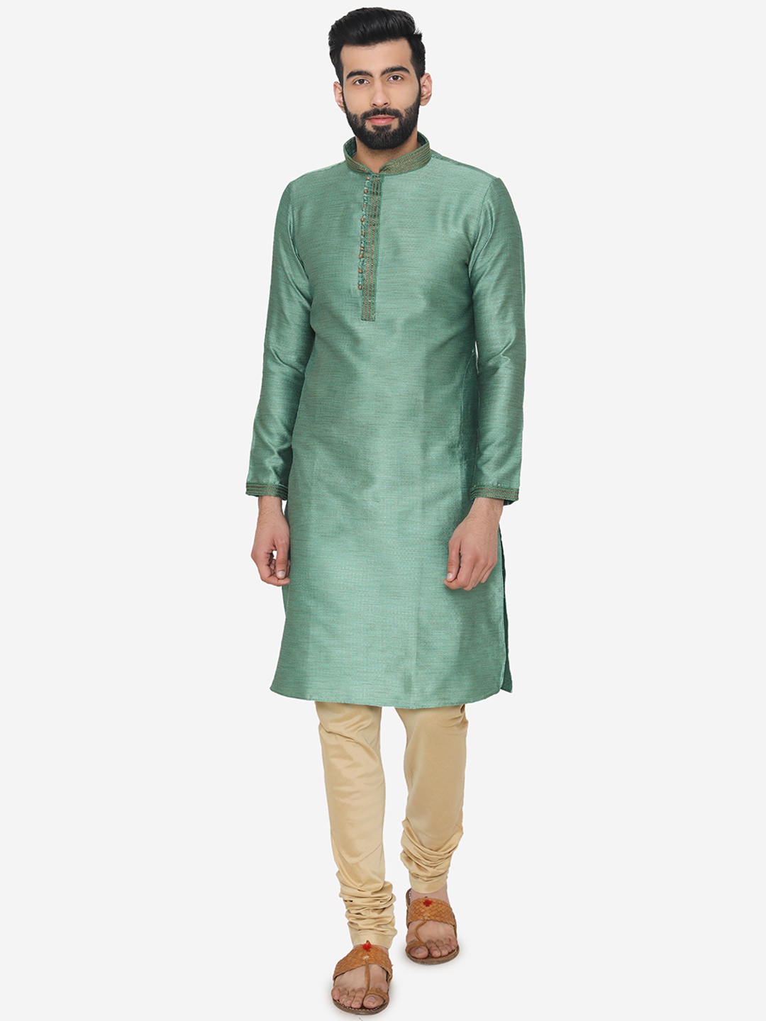 

Manyavar Men Green & Beige Self Design Kurta with Churidar