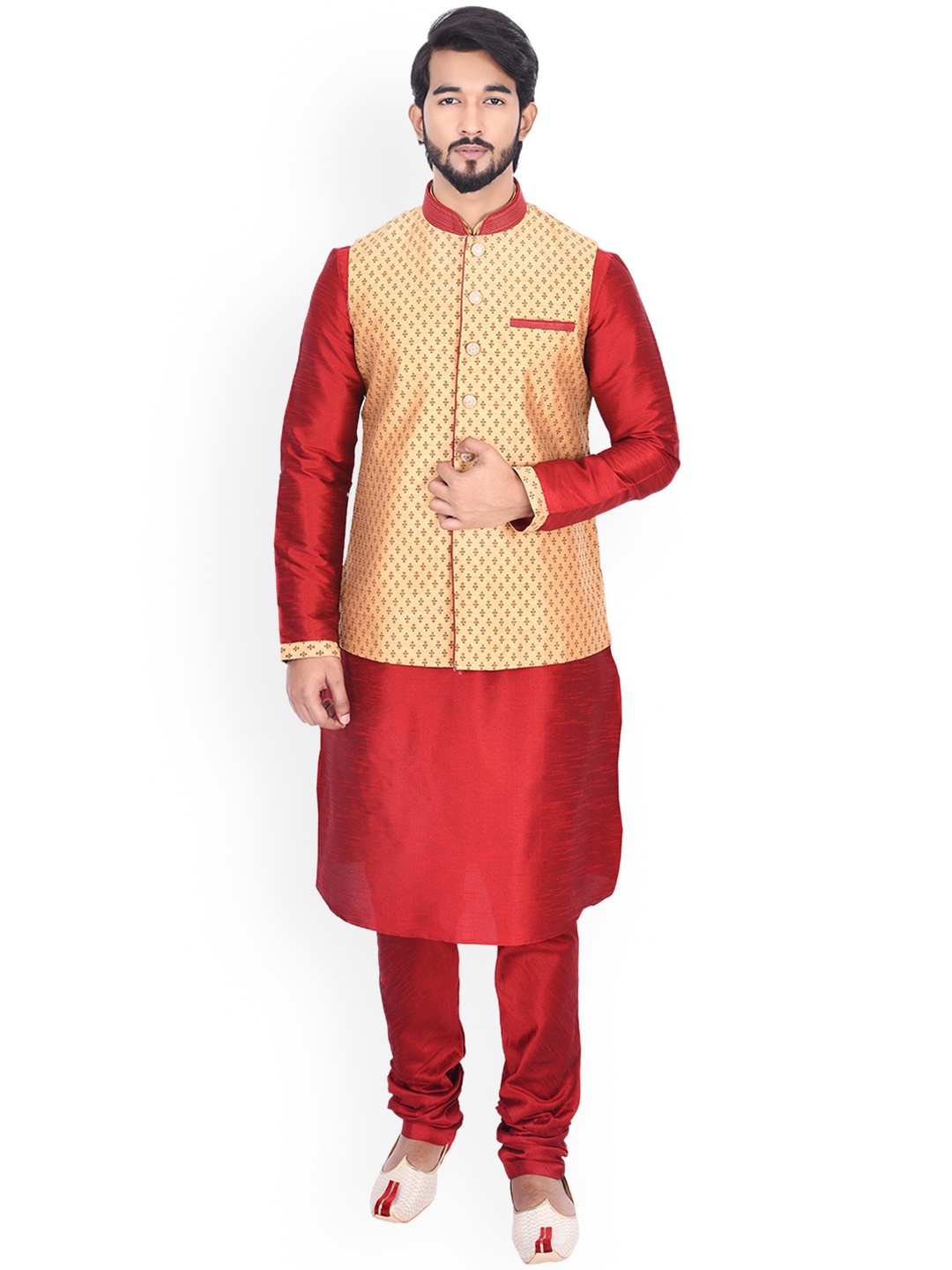 

Manu Men Red & Beige Solid Kurta with Churidar & Nehru Jacket