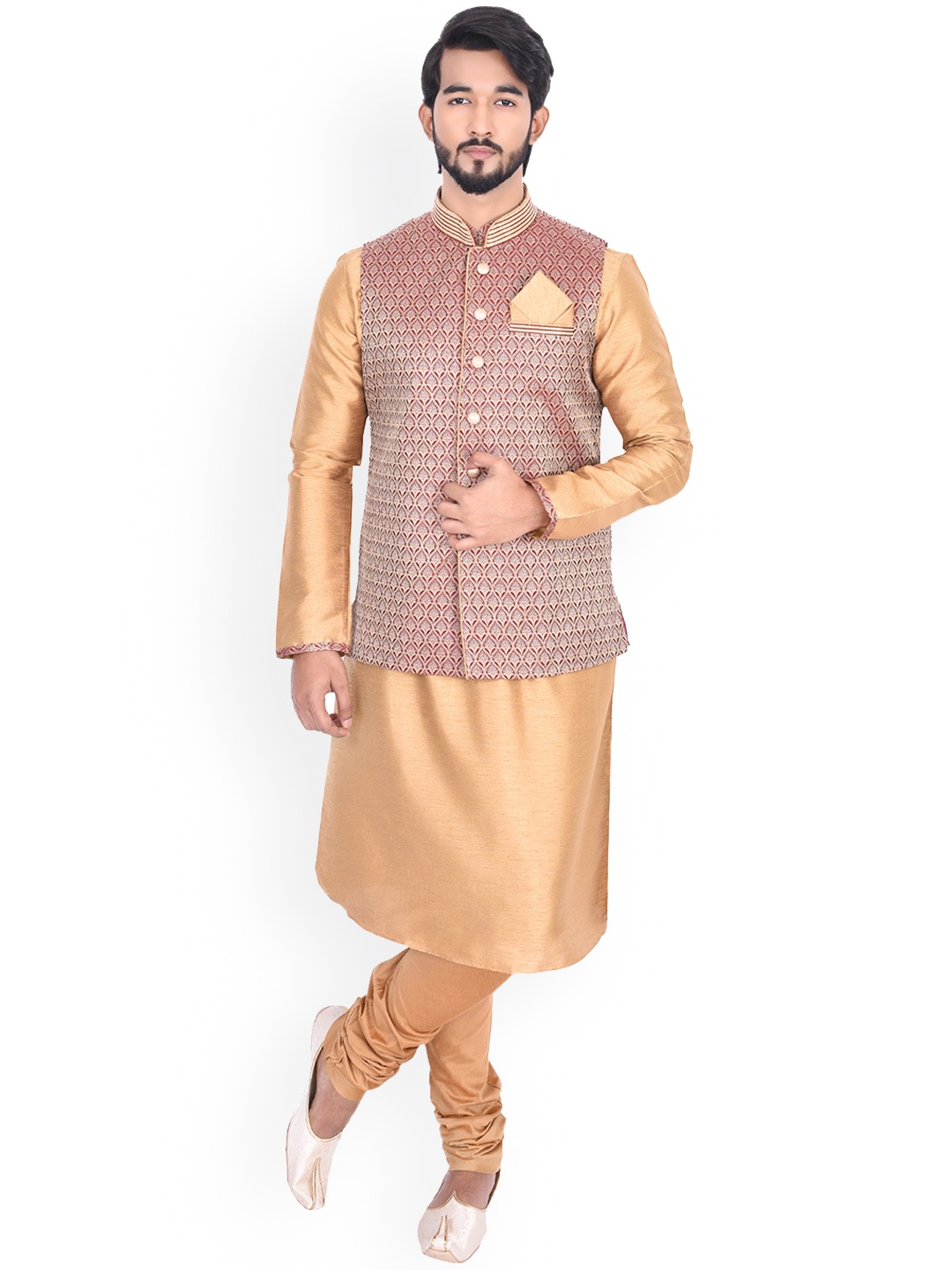 

Manu Men Beige & Maroon Solid Kurta with Churidar & Nehru Jacket